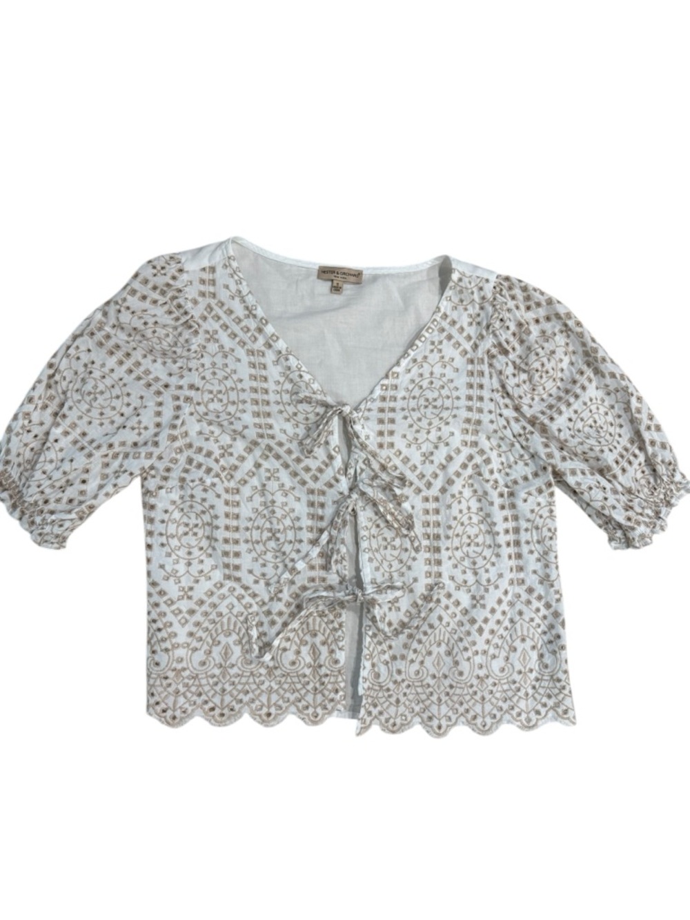 Hester & Orchard White Eyelet Embroidered Tie Front Puff Sleeve Blouse S